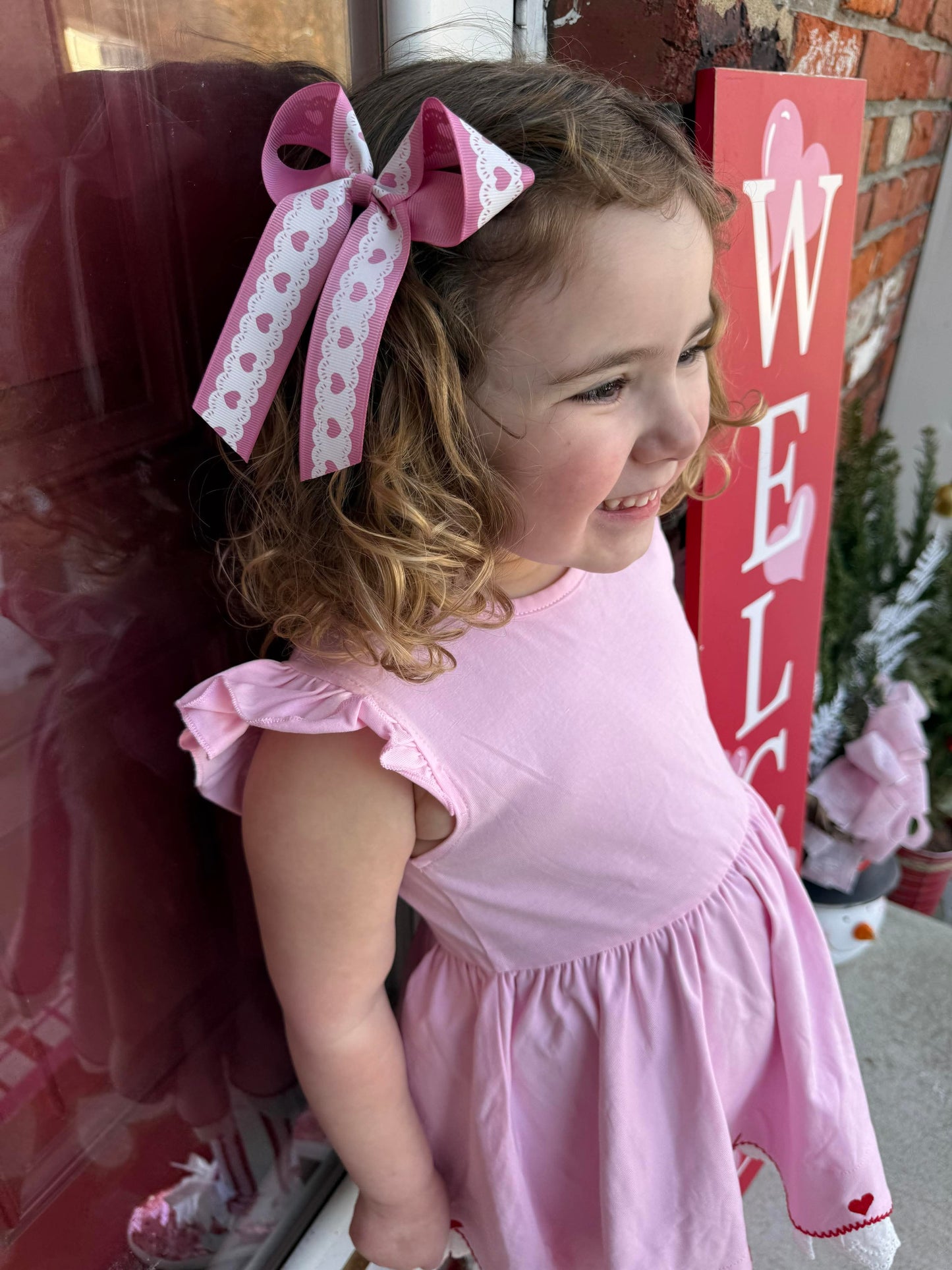 Spring Heart Lace Grosgrain Long Tail Bow